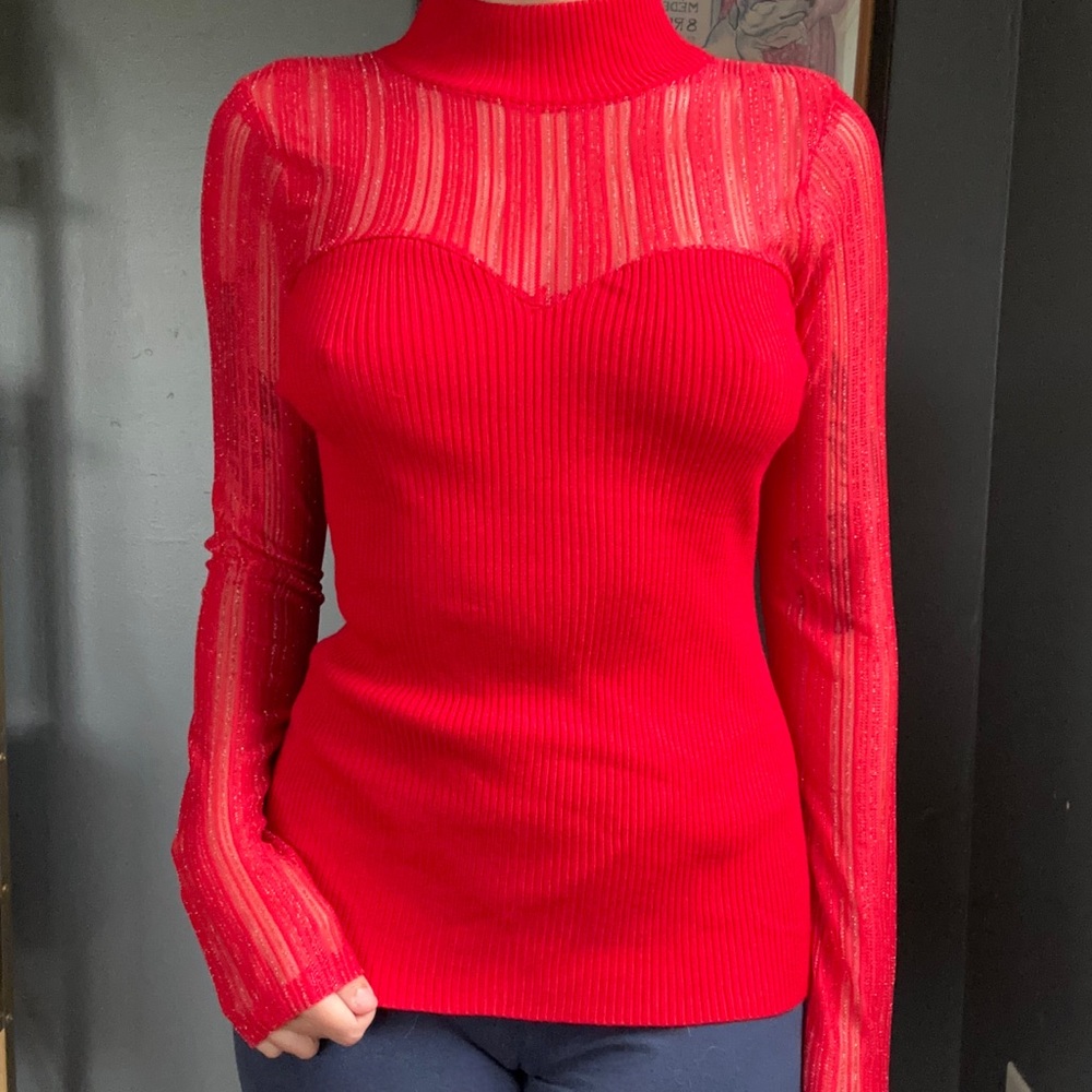Red mesh turtleneck sweater